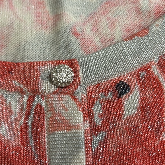 ST JOHN pink and silver rose print button down cardigan wool lurex Women’s XL - Picture 9 of 14